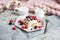 Homemade Pancakes Cappuccino Giant Merino Wool Blanket Pastel Pink Plate Sour Cream Berries Coffee Healthy Breakfast