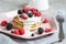 Homemade Pancakes Pastel Pink Plate Sour Cream Berries Coffee Healthy Breakfast