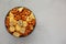 Homemade Party Snack Mix with Crackers and Pretzels in a Bowl, top view. Flat lay, overhead, from above. Copy space