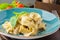 Homemade pasta pappardelle with mushrooms, and creamy sauce