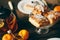 Homemade pastries on beautifully served table decorated in rustic style