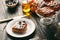 Homemade pastries on beautifully served table decorated in rustic style