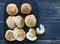 Homemade pastries buns rich on the kitchen dark cutting board, holiday and everyday food