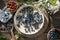 Homemade pastry blueberry  pie pies bakery products on dark wooden kitchen table . Traditional dessert on Independence Day. Flat