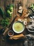 Homemade pea, broccoli, zucchini cream soup with fresh baguette