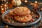 Homemade Peanut Butter Cookies on Plate with Festive Autumn Decor and Warm Fairy Lights Background