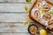 Homemade pears cake on natural wooden background