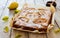 Homemade pears cake on natural wooden background