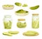 Homemade Pickled Cucumber or Gherkin Canned in Brine and Rested on Plate Vector Set
