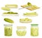 Homemade Pickled Cucumber or Gherkin Canned in Brine and Rested on Plate Vector Set