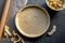 Homemade pie crust in pie plate. Cooking apple pie, dark background