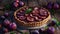 Homemade plum tart on rustic wooden table. Perfect for cozy autumn meals. Delicious dessert in dim light, styled food