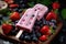Homemade popsicles with fresh berries on wooden board, closeup