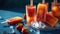 Homemade popsicles with fresh strawberries and ice cubes on blue background.