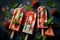 Homemade popsicles with strawberry and mint on dark background, top view