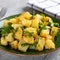 Homemade potatoe salad plate on wooden table