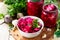 Homemade preserving. Fermented food. Salad Cabbage with Beetroot