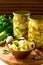 Homemade preserving. Pickled Zucchini Salad with vegetables