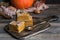 Homemade pumpkin bars with sugar-cinnamon crust