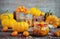 Homemade pumpkin pickle in a glass container on a wooden table