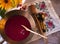 Homemade raspberry jam in copper rustic bowl, top view