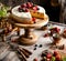 Homemade raspberry sliced biscuit cake with white cream and berries on top on wooden cake stand