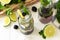 Homemade refreshing citrus lemonade mojito blackberry with ingredients for making