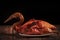 Homemade Roast Peking duck on rustic wooden table, Chinese style on black background