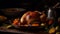 Homemade roast turkey with fresh vegetables on rustic wooden table generated by AI