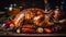 Homemade roast turkey on rustic wood table generated by AI