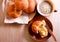 Homemade rolls with butter and cup of coffee