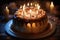 homemade round birthday cake with burning candles for festive party
