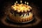 homemade round birthday cake with burning candles for festive party