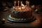 homemade round birthday cake with burning candles for festive party