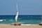 Homemade sailing catamaran on the beach of the Mediterranean sea, Barcelona