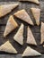 Homemade sandwich puff pastry Triangle on a wooden ancient rustic background. Top view. Place for text. Holiday