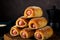 Homemade sausages in dough pigs in blanket on a wooden board, dark background