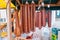 Homemade sausages for sale at local street market. Rijeka town