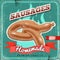 Homemade sausages vintage vector poster. Old paper textured background.