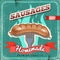 Homemade sausages vintage vector poster. Old paper textured background.