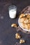 Homemade soft apple cookies on a plate with milk, dark concrete background. Dessert or breakfast for children, sweet snack.