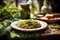 homemade spelt pasta with pesto on a decorated table