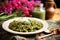 homemade spelt pasta with pesto on a decorated table