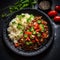 Homemade spicy minced meat with rice and vegetables on black background