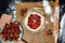 Homemade strawberry Galette with fresh ripe strawberries on a dark background