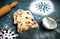 Homemade strudel with raisins and winter symbols made of sugar