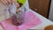 Homemade sweets on a plate. Next to the ingredients for their preparation. A woman drops nuts in a blender.