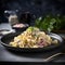 Homemade tagliatelle pasta with white cream sauce on black plate. Italian food. AI generated