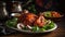 Homemade tandoori chicken served with salads, arabian spicy food concept, generative ai