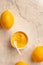 Homemade tangy lemon curd decorated with fresh fruit on marble background.Top view. Copy space for text